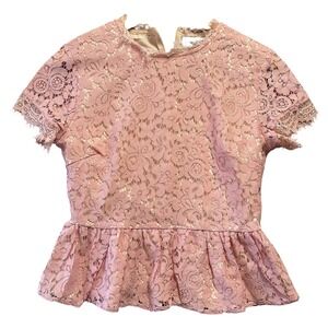 On Twelfth Womens Peplum Top M Pink Lace Floral Short Sleeve Zipper Back Party
